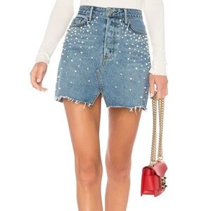 GRLFRND Milla Crystal Pearl Embellished Raw Hem Mini Denim Skirt Blue Solstice M